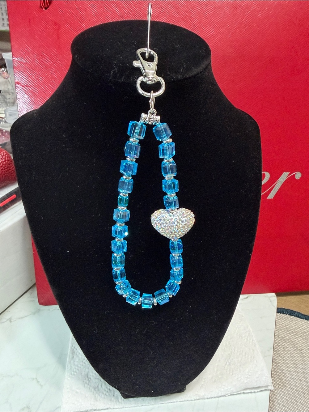 Blue Crystal Heart Beaded Phone Strap